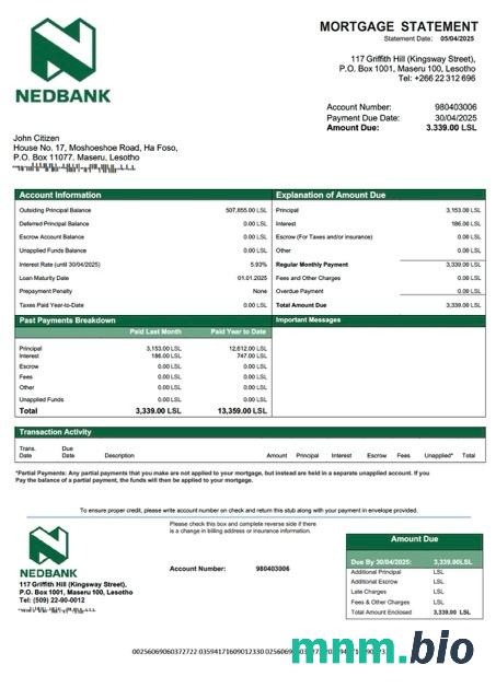Lesotho Nedbank Lesotho wyciąg z kredytu hipotecznego szablon Word i PDF